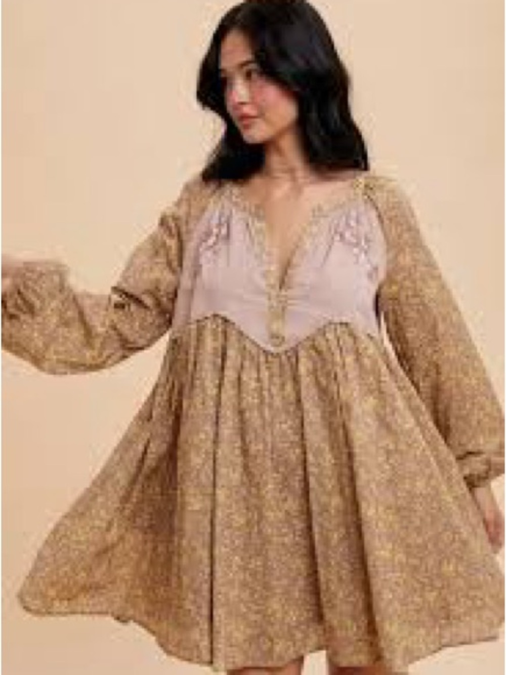 In Loom Embroidered Floral Babydoll Dress in Fawn Size M NWT